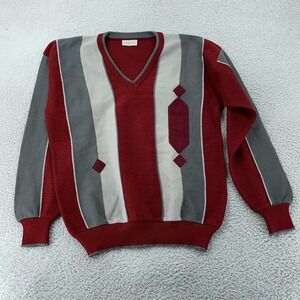Gabicci Sweater Mens Large Red Gray V Neck Made in Italy Geometric Knit Pullover